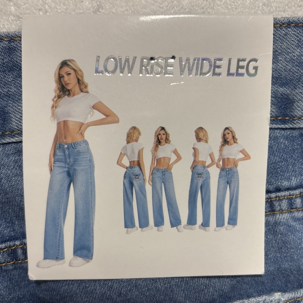 NWT Cherry Bow Embroidered Low Rise Baggy Wide Leg Jeans Pocket Denim 15/16 - Picture 2 of 8